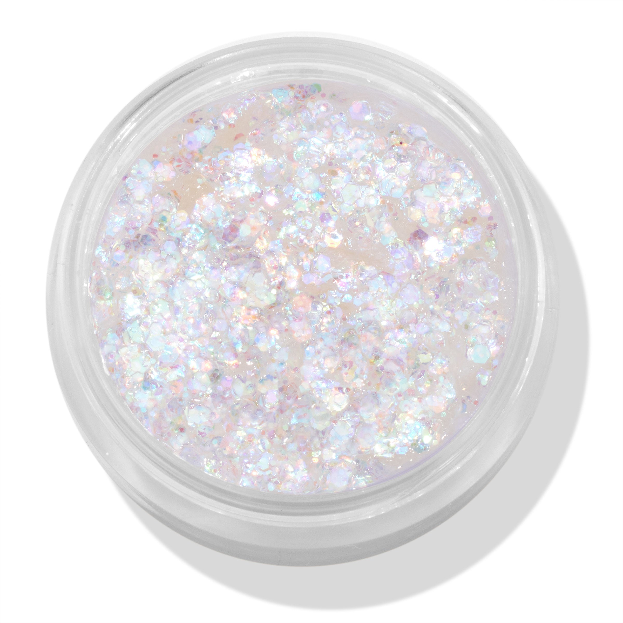 Open pot of Disco Lady ColourPop Glitter Gel shimmering with chunky iridescent opal flakes suspended in a clear gel, viewed top-down on a white background, face-and-body glitter ready for festival or party makeup.