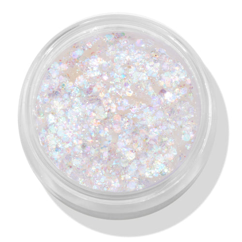 Open pot of Disco Lady ColourPop Glitter Gel shimmering with chunky iridescent opal flakes suspended in a clear gel, viewed top-down on a white background, face-and-body glitter ready for festival or party makeup.