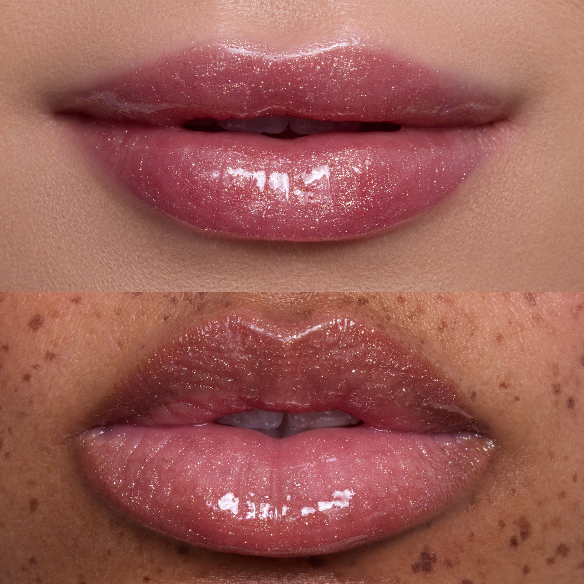 Close-up of two models’ lips wearing Beautiful Belle Belle Lip Mask & Ultra Glossy Lip, showing a high-shine, pink shimmer Disney Princess gloss finish on different skin tones against a clean studio backdrop.