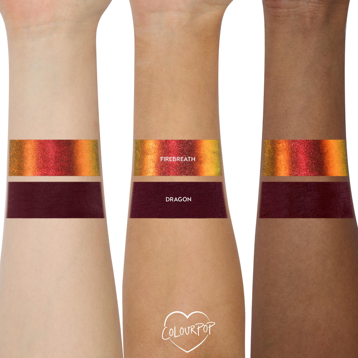 ColourPop Crème Gel Liner Dragon’s Keep swatched on three forearms - top stripe Firebreath, a red-to-orange-to-gold multichrome shimmer, and bottom stripe Dragon, a deep burgundy - showing bold pigment across fair, medium, and deep skin tones.