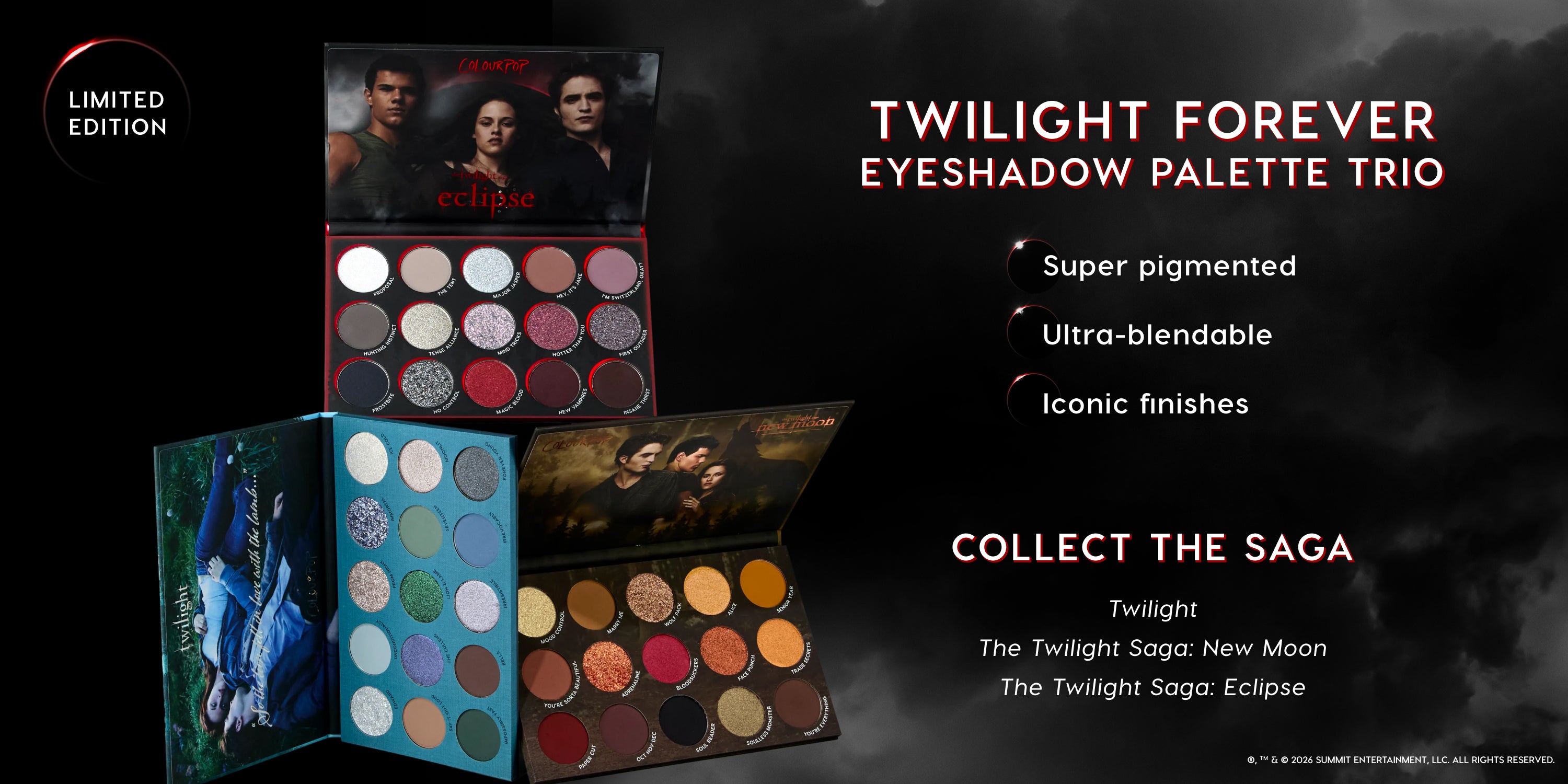 ColourPop Twilight Forever Eyeshadow Palette Trio displayed open on a dark cloudy background, showcasing three limited edition Twilight movie–themed palettes with 12 super pigmented, ultra-blendable shadows in matte and glitter finishes.