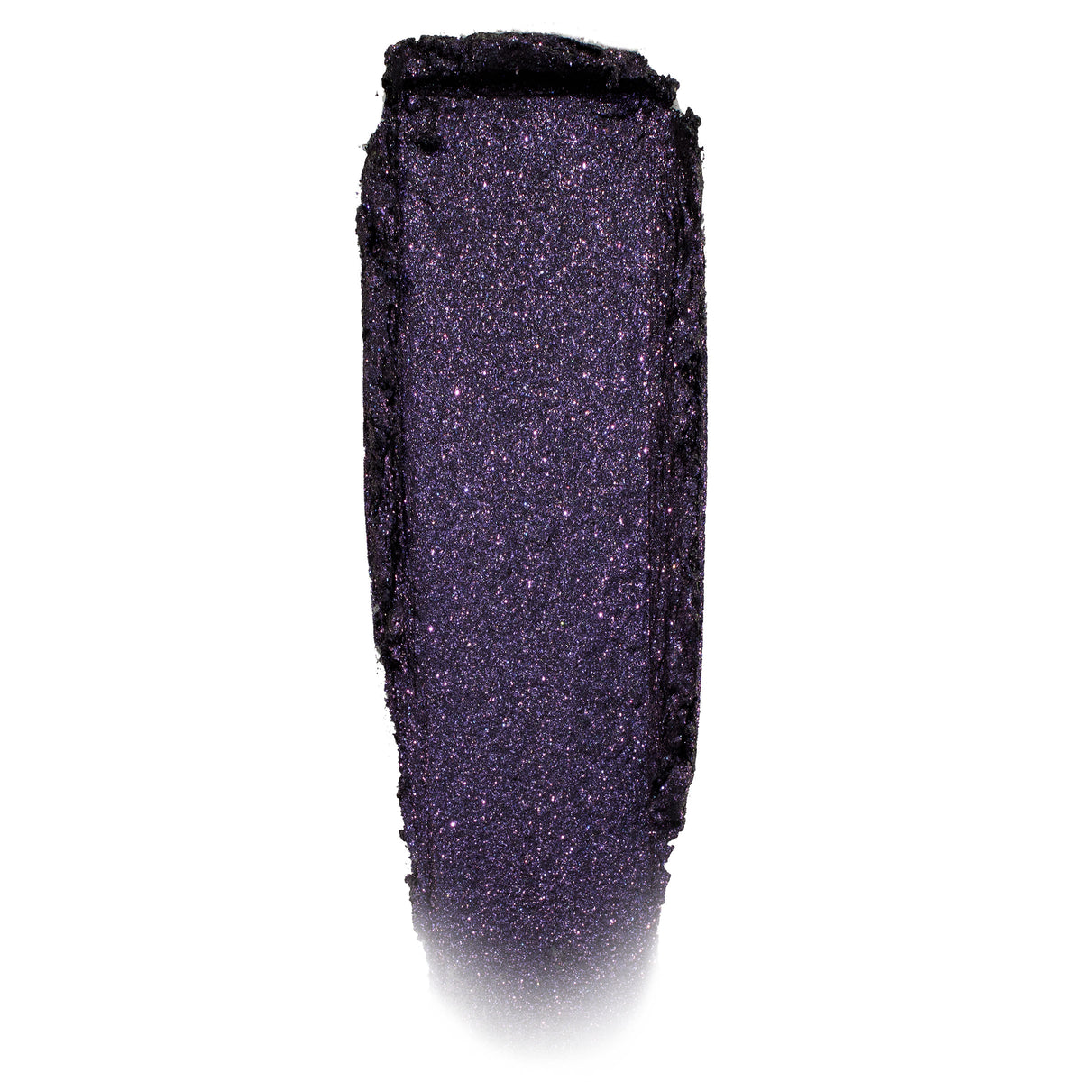 Deep violet-black, glittery eyeshadow swatch shimmering in a single swipe on a white background; Emo Inside Jelly Much Shadow by ColourPop, highlighting fine purple sparkle and the long-wear jelly texture of ColourPop Jelly Much Shadow.