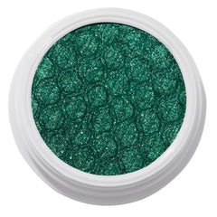 ColourPop Super Shock Shadow Empire displaying a metallic emerald green eyeshadow with teal and gold sparkle and bouncy honeycomb texture, pressed in a round white pot, shown in a close-up top-down view.