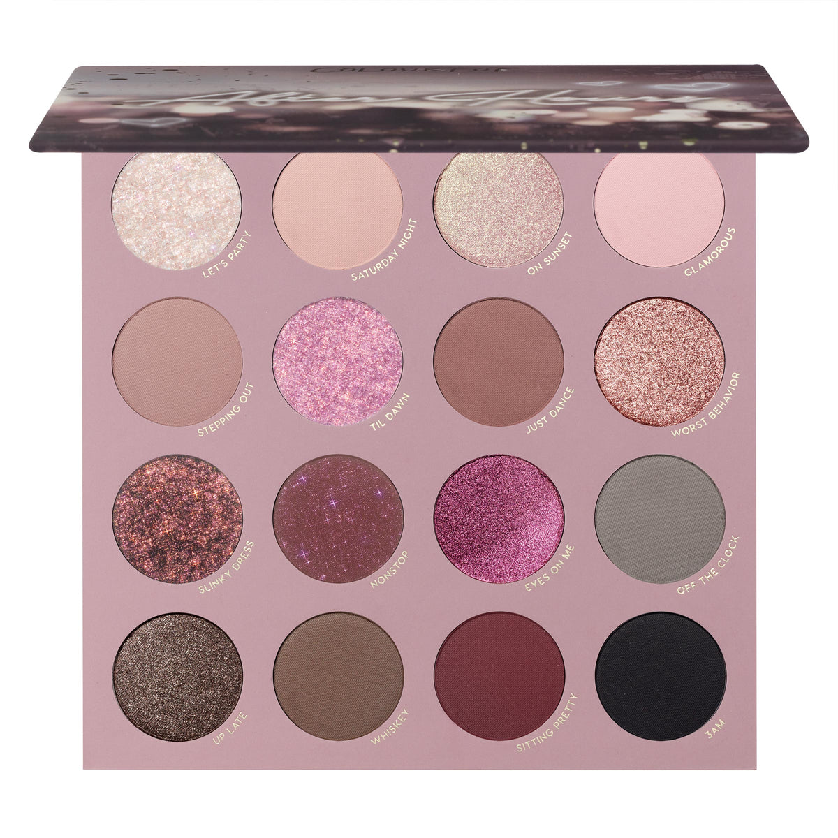 After Hours ColourPop Shadow Palette opens to reveal 16 eyeshadows in a 4x4 grid - rosy mauves, plums, taupes, gray, black, and copper - combining matte and glitter shimmer finishes on a mauve tray with a half-open lid.