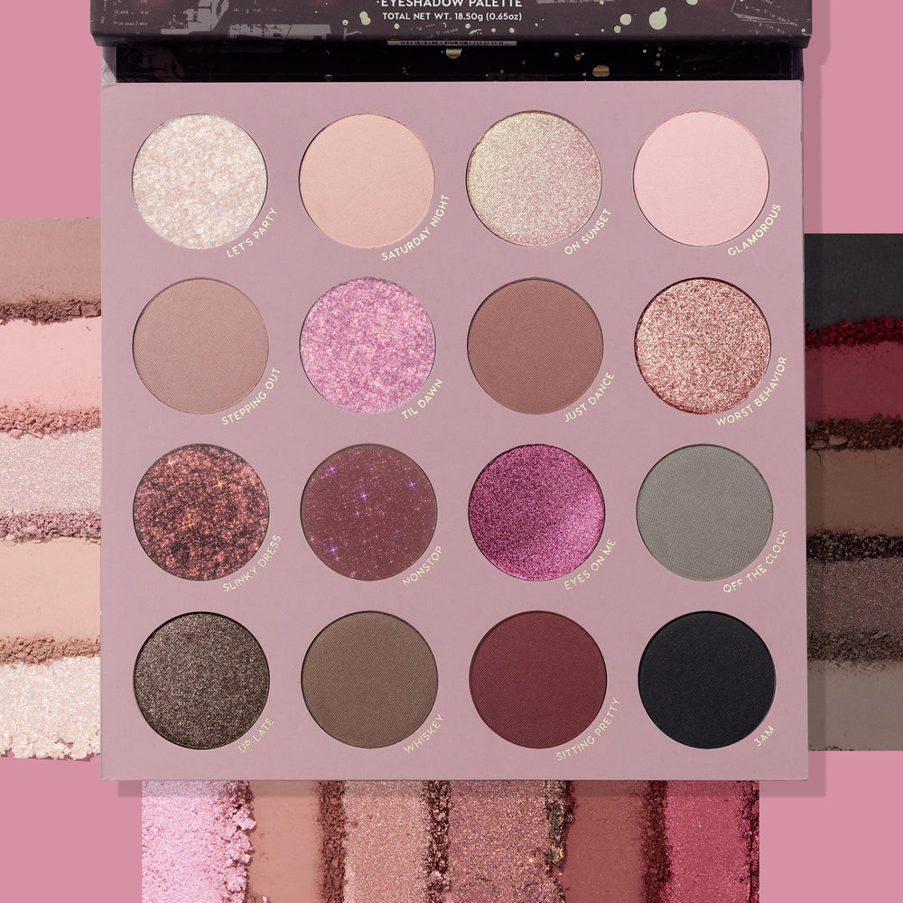 After Hours ColourPop Shadow Palette presenting 16 pans - nudes, pinks, mauves, berries, and smoky tones - swatched in piano-like stripes around the compact, highlighting matte, shimmer, and glitter finishes; includes shades like Let’s Party, Til Dawn, 3AM.
