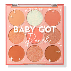 Baby Got Peach ColourPop Shadow Palette showcasing nine warm-toned pans - peach, coral, copper, champagne, terracotta, and a mint sparkle - in matte and shimmer finishes, arranged 3x3 in a peach compact with clear lid for soft glam eye looks.