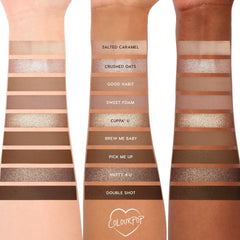 Brewtiful Neutrals Shadow Palette Set by ColourPop swatched on three forearms - light, medium, and deep skin tones - showing 10 coffee-inspired neutral shades from Salted Caramel to Double Shot in matte, shimmer, and metallic finishes.