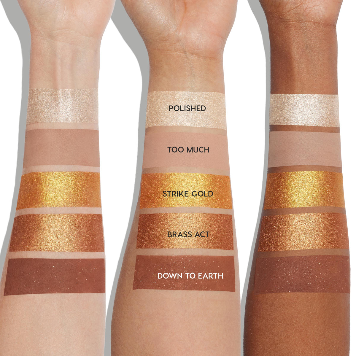 Precious Metals ColourPop Shadow Palette swatched on three arms, showcasing shades Polished, Too Much, Strike Gold, Brass Act, and Down to Earth in champagne, nude, gold, bronze, and deep brown mattes and metallics across light to deep skin tones.