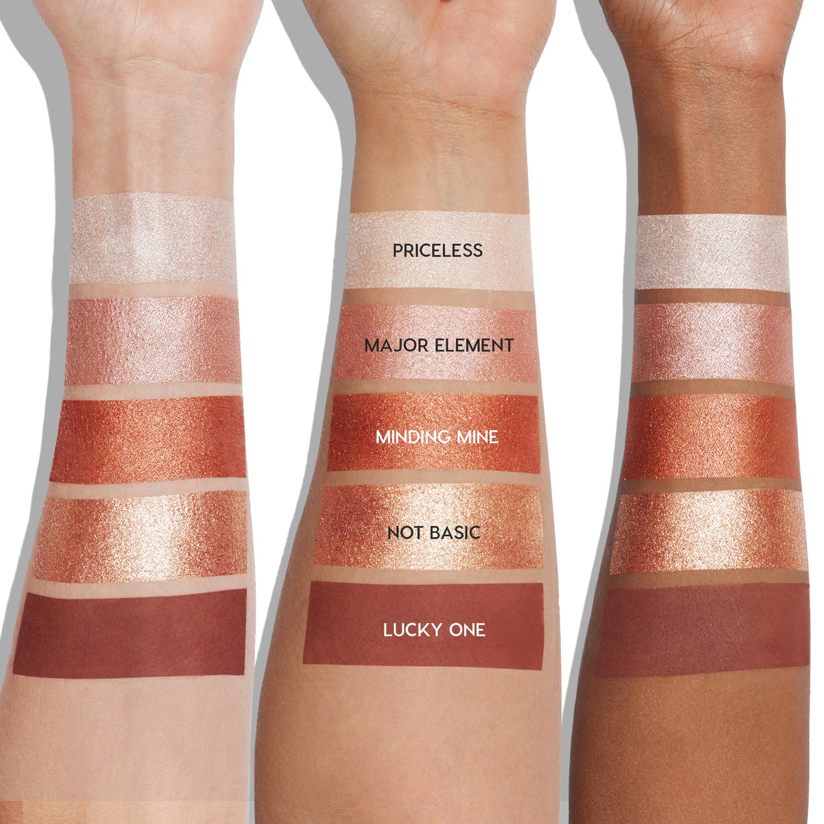 Precious Metals ColourPop Shadow Palette swatches displayed on three skin tones: Priceless (shimmery champagne), Major Element (rosy shimmer), Minding Mine (copper metallic), Not Basic (gold foil), Lucky One (matte terracotta), stacked in vertical bands.