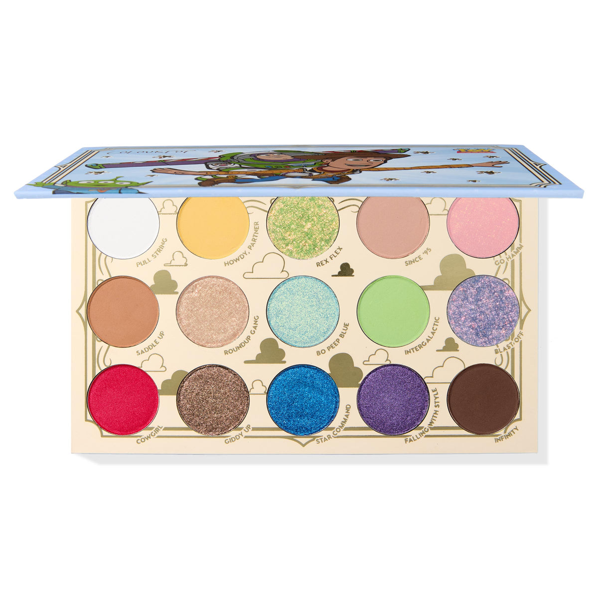 The Toys Are Here shadow palette by ColourPop featuring 15 bright matte and glitter shades inspired by Disney and Pixar Toy Story, displayed in an open cardboard palette with character artwork on the lid against a white background.