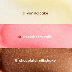 ColourPop Neapolitan Sundae lip scrub swatches display three dessert shades - vanilla cake (creamy ivory), strawberry milk (soft pink), and chocolate milkshake (rich brown) - spread in horizontal bands to show gritty sugar texture.