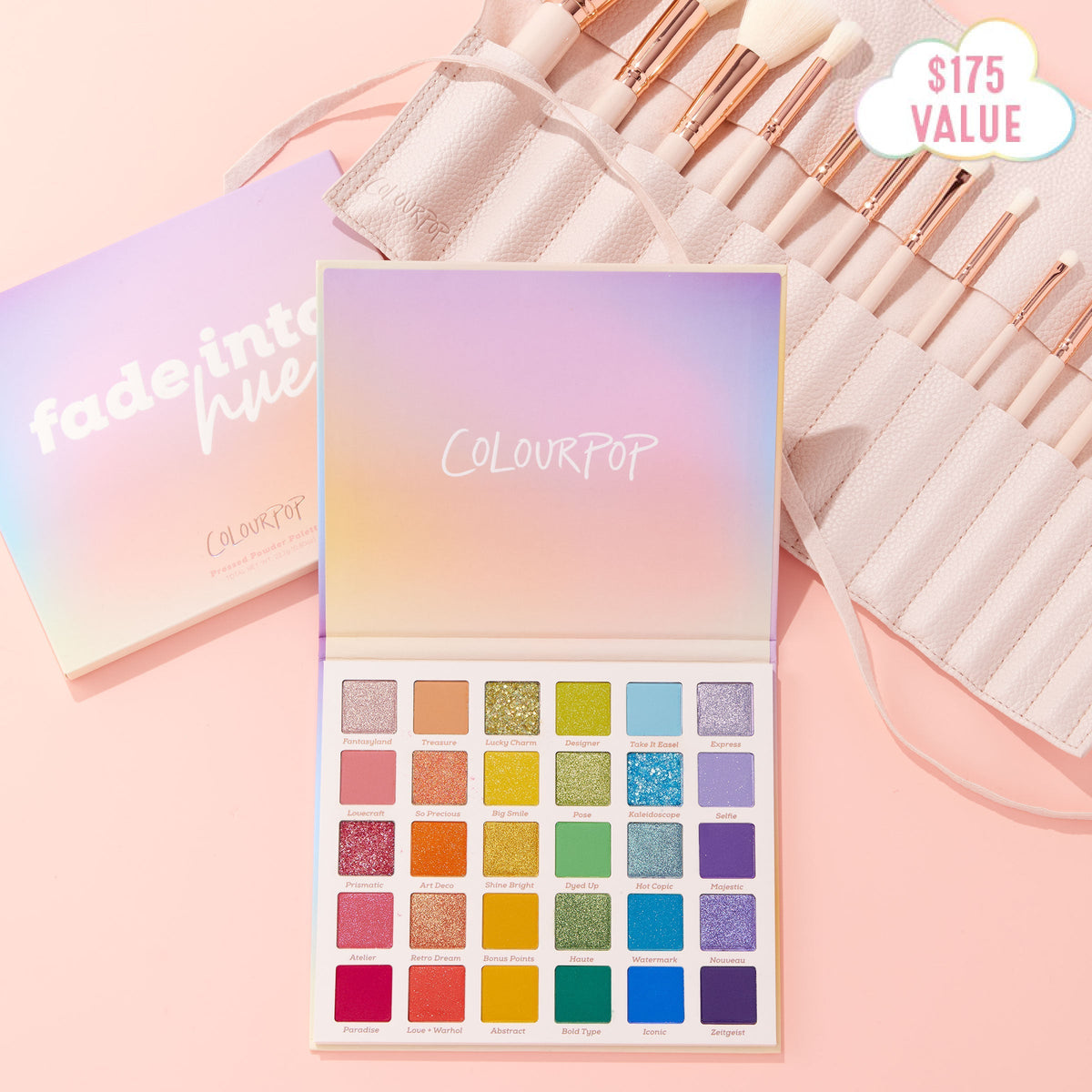 Sweet Fantasy ColourPop Shadow Palette & Brush Set showcasing a 30-pan rainbow mix of mattes and glitters, displayed open beside a white brush roll with rose-gold ferrules on a pastel pink backdrop, marked with a $175 value cloud badge.