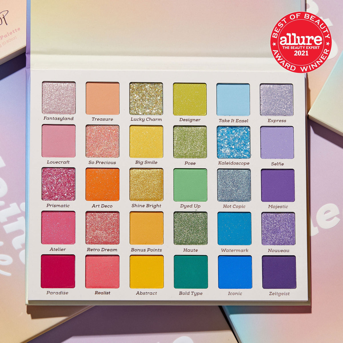 Sweet Fantasy ColourPop Shadow Palette & Brush Set, open to 30 rainbow shades with matte, metallic, and glitter finishes arranged in five rows; square pans from pinks and corals to greens, blues, and purples, in a pastel case with Allure 2021 award badge.