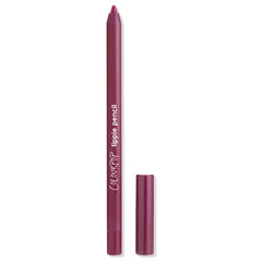 ColourPop Lippie Pencil in Flattered shown uncapped, deep berry‑mauve lip liner standing upright with the cap beside it on a white background, slim barrel with white logo lettering.