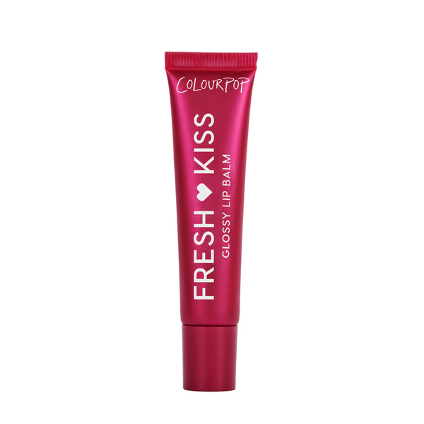 Colourpop Fresh Kiss Glossy Balm in Chocolate Cherry standing upright against a white background, showing the deep red metallic tube for this hydrating Lip Gloss & Lip Oil hybrid product.