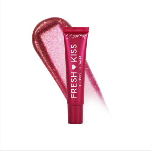 Colourpop Fresh Kiss Glossy Balm in Chocolate Cherry standing upright against a white background, showing the deep red metallic tube for this hydrating Lip Gloss & Lip Oil hybrid product.
