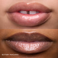 Close-up of two models’ lips wearing Colourpop Fresh Kiss Glossy Balm in Buttery Pancakes, showing sheer pink shimmer Lip Gloss & Lip Oil finish on different skin tones against a plain background.