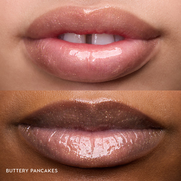 Close-up of two models’ lips wearing Colourpop Fresh Kiss Glossy Balm in Buttery Pancakes, showing sheer pink shimmer Lip Gloss & Lip Oil finish on different skin tones against a plain background.