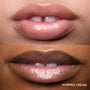 Close-up of two models’ lips wearing Colourpop Fresh Kiss Glossy Balm in Whipped Cream, showing sheer nude shine and shimmer finish, highlighting Lip Gloss & Lip Oil texture on different skin tones against a plain background.