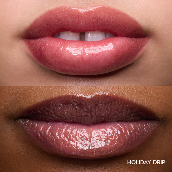 Close-up swatches of Colourpop Holiday Drip Fresh Kiss Glossy Balm on two models’ lips, showing sheer chocolate-cherry shine with fine shimmer, perfect for holiday Value Sets gifting.