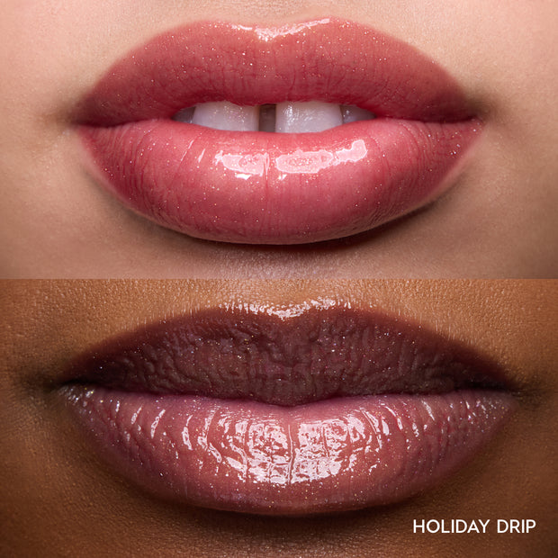 Close-up swatches of Colourpop Holiday Drip Fresh Kiss Glossy Balm on two models’ lips, showing sheer chocolate-cherry shine with fine shimmer, perfect for holiday Value Sets gifting.