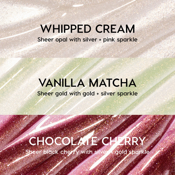 Colourpop Holiday Drip Fresh Kiss Glossy Balm value set swatches showing three shimmery shades—Whipped Cream sheer opal, Vanilla Matcha sheer gold, and Chocolate Cherry sheer black cherry—each labeled with silver, gold, and pink sparkles.