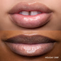 Close-up of two models’ lips wearing Colourpop Holiday Drip Fresh Kiss Glossy Balm, showing sheer vanilla matcha shine with fine shimmer on different skin tones, ideal for holiday Value Sets shoppers seeking glossy, hydrated lips.