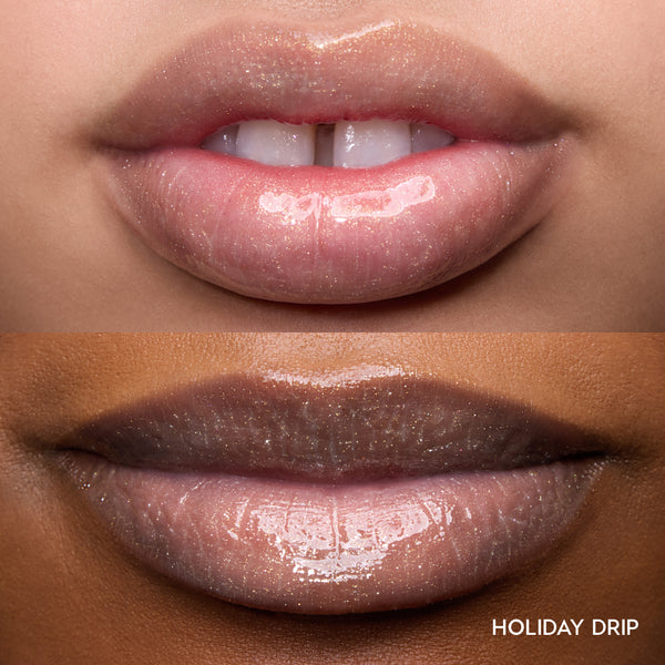 Close-up of two models’ lips wearing Colourpop Holiday Drip Fresh Kiss Glossy Balm, showing sheer vanilla matcha shine with fine shimmer on different skin tones, ideal for holiday Value Sets shoppers seeking glossy, hydrated lips.