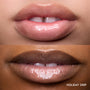 Close-up split screen of two models’ lips wearing Colourpop Holiday Drip Fresh Kiss Glossy Balm, showing sheer pearly shine on different skin tones, ideal for holiday makeup Value Sets shoppers seeking a hydrating glossy nude look.
