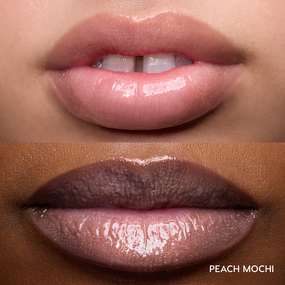 Close-up swatches of Colourpop Peach Mochi Fresh Kiss Glossy Balm on two models’ lips, showing sheer peachy shimmer and high-shine finish, highlighting how this Lip Gloss & Lip Oil hybrid looks on different skin tones.