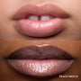 Close-up swatches of Colourpop Peach Mochi Fresh Kiss Glossy Balm on two models’ lips, showing sheer peachy shimmer and high-shine finish, highlighting how this Lip Gloss & Lip Oil hybrid looks on different skin tones.