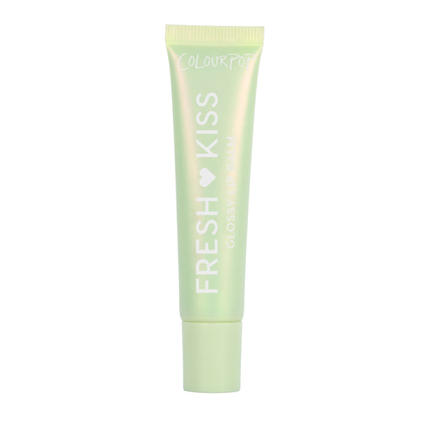 Colourpop Fresh Kiss Glossy Balm Vanilla Matcha tube standing upright on a white background, mint green packaging highlighting hydrating Lip Gloss & Lip Oil benefits for soft, shiny lips.