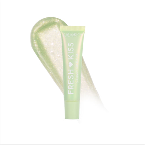 Colourpop Fresh Kiss Glossy Balm Vanilla Matcha tube standing upright on a white background, mint green packaging highlighting hydrating Lip Gloss & Lip Oil benefits for soft, shiny lips.