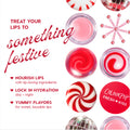 ColourPop Fresh Kiss lip balm pots styled in a festive flat lay with red-and-white peppermint swirls and candy canes, promoting nourish lips, lock in hydration day and night, and yummy flavors, with the line Treat your lips to something festive.