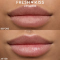 Lips displaying before-and-after results using ColourPop Fresh Kiss Lip Scrub, with the top 'Before' shot showing dry, matte texture and the bottom 'After' shot showing smoother, pinker, glossy lips in a studio close-up.