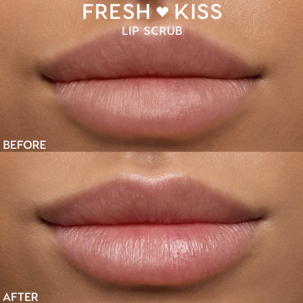Lips displaying before-and-after results using ColourPop Fresh Kiss Lip Scrub, with the top 'Before' shot showing dry, matte texture and the bottom 'After' shot showing smoother, pinker, glossy lips in a studio close-up.