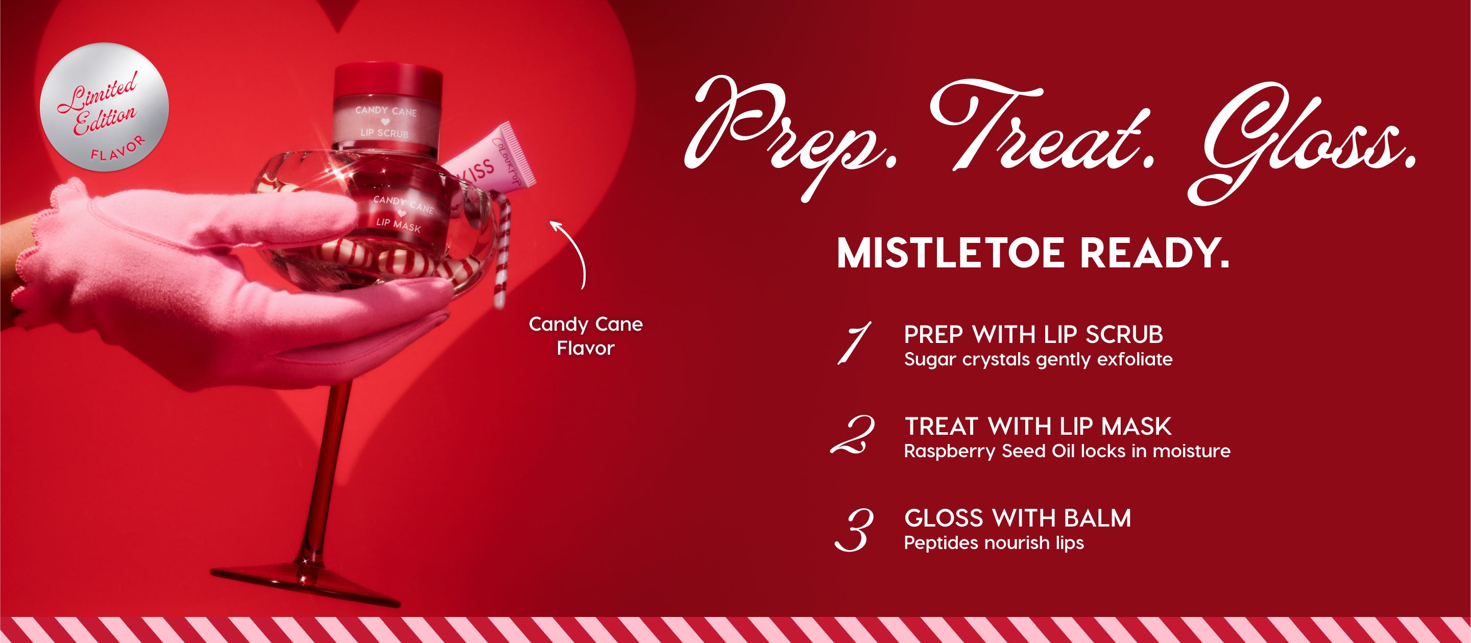 Limited-edition ColourPop candy cane flavor lip care set - lip scrub jar, lip mask pot, and gloss balm tube - resting in a peppermint-filled cocktail glass held by a pink-gloved hand against a festive red holiday backdrop.