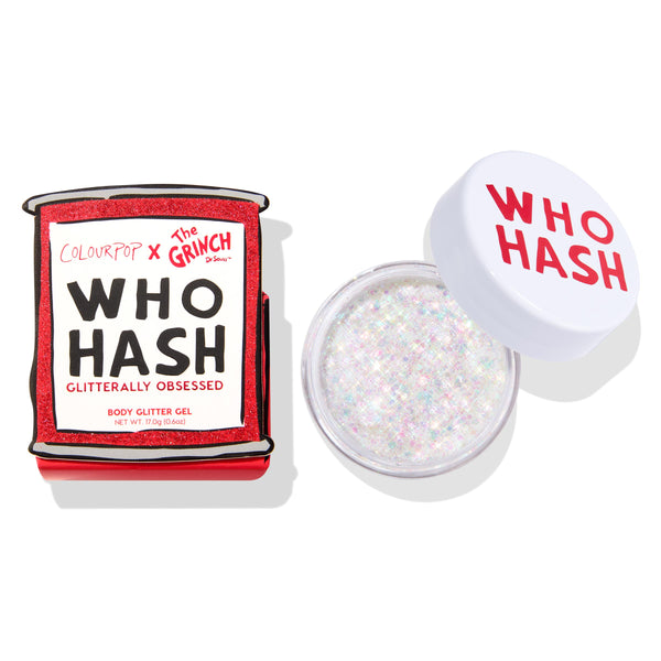 Who-Hash glitter gel by ColourPop x The Grinch, open clear jar showing opalescent sparkle with white “WHO HASH” lid, set beside the red carton labeled Glitterally Obsessed, 17 g/0.60 oz body glitter gel for face and body.