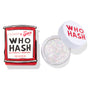 Who-Hash glitter gel by ColourPop x The Grinch, open clear jar showing opalescent sparkle with white “WHO HASH” lid, set beside the red carton labeled Glitterally Obsessed, 17 g/0.60 oz body glitter gel for face and body.