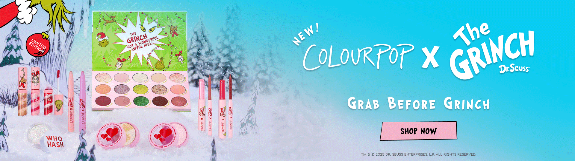 Colourpop x The Grinch holiday makeup collection displayed on a snowy Whoville backdrop - 12-shade green eyeshadow palette, pink and red lip crayons and glosses, glitter pot, and highlighter compacts - limited-edition collab for US shoppers.