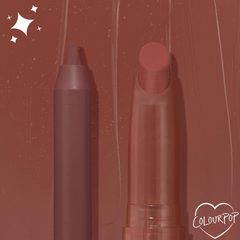 Grunge ColourPop Lippie Pencil standing beside a matching Lippie Stix, both in a creamy matte mauve-brown shade, set against a swatched brown backdrop with a small ColourPop heart logo.