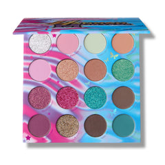 Best of Both Worlds Eyeshadow Palette open to 16 shades: silver, pinks, mint, peach, golds, greens, teal and browns