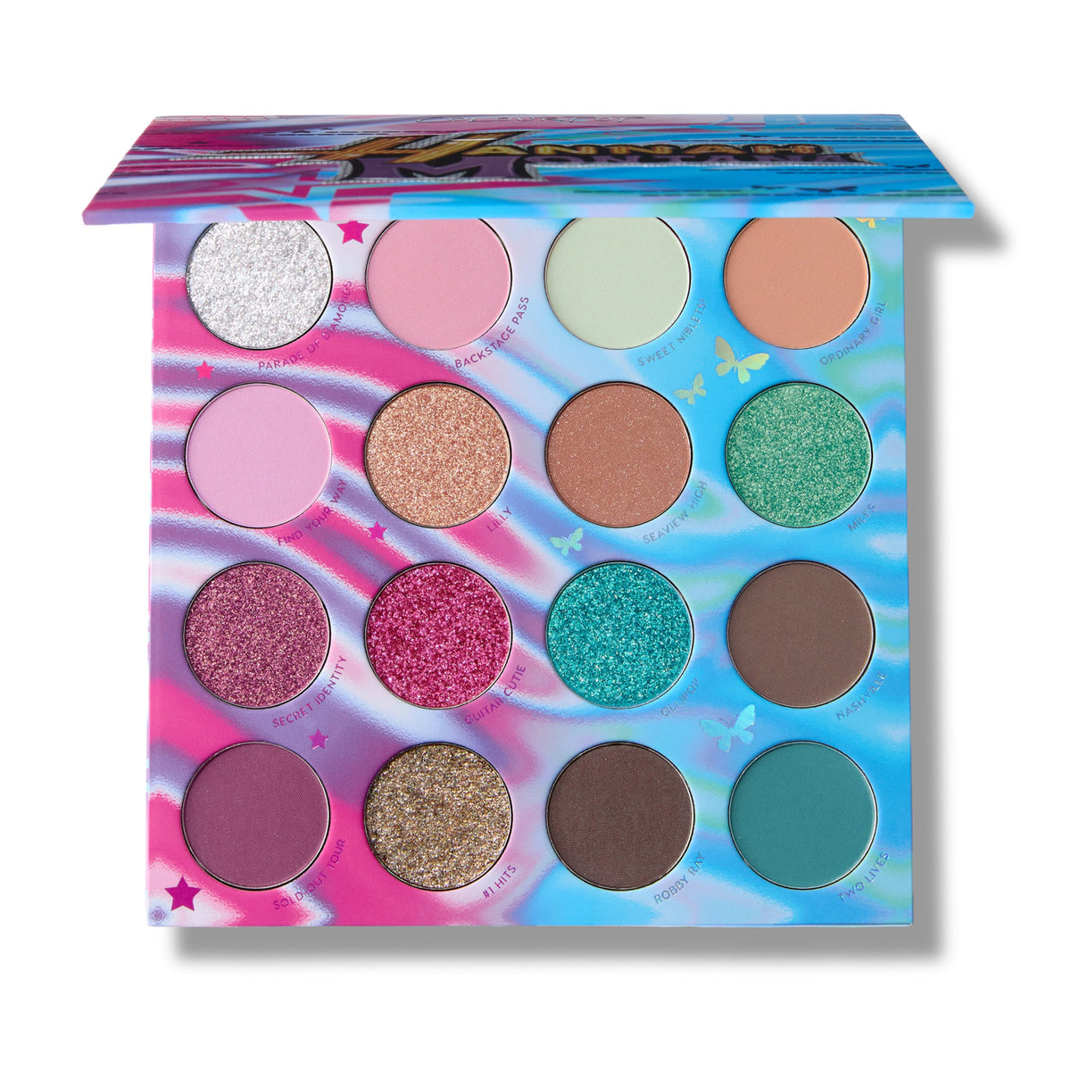 Best of Both Worlds Eyeshadow Palette open to 16 shades: silver, pinks, mint, peach, golds, greens, teal and browns