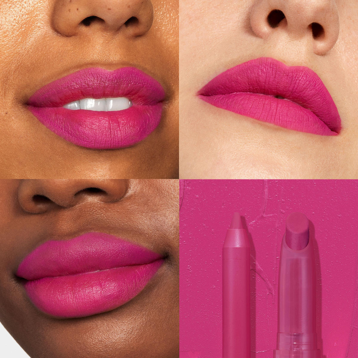 Heart Lips swatches - bold fuchsia satin - ColourPop Lippie Stix + Pencil Set lining and filling lips; three close-up lip looks across light to deep skin tones show smooth, full coverage, with the matching pencil and Lippie Stix on a pink backdrop.