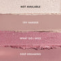 Four horizontal swatches of Heart to Get All Eyes On Me Shadow Stix Set show shades labeled Not Available (pale cream), Try Harder (matte mauve), What Did I Miss (shimmery rose), and Keep Dreaming (matte dusty pink) against a flat backdrop.