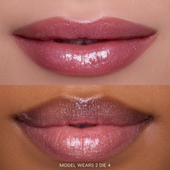 Close-up split image of two models’ lips wearing Gloss Me Up ultra glossy lip set in shade 2 Die 4 from the Heart to Get collection, showing high-shine, shimmery pink gloss on different skin tones against a soft-focus background.