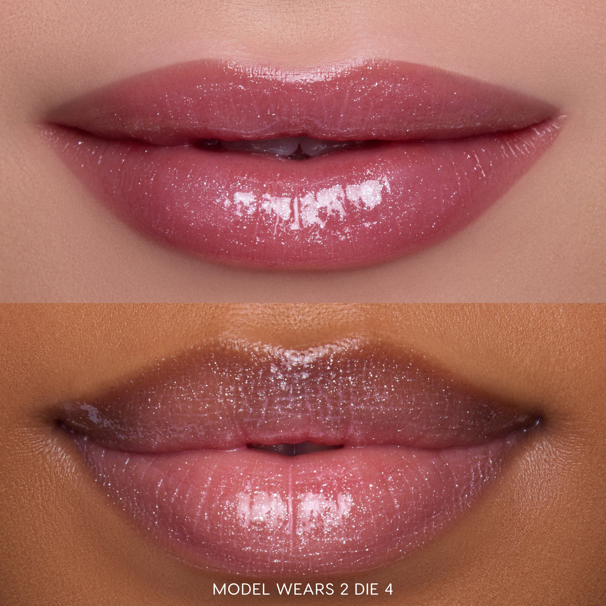 Close-up split image of two models’ lips wearing Gloss Me Up ultra glossy lip set in shade 2 Die 4 from the Heart to Get collection, showing high-shine, shimmery pink gloss on different skin tones against a soft-focus background.