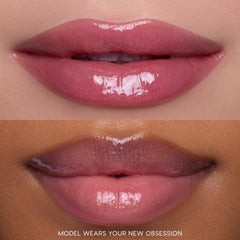 Close-up split-screen of two models’ lips wearing Gloss Me Up ultra glossy lip set in shade Your New Obsession, showing high-shine pink finish from Heart to Get on different skin tones against a neutral studio background.