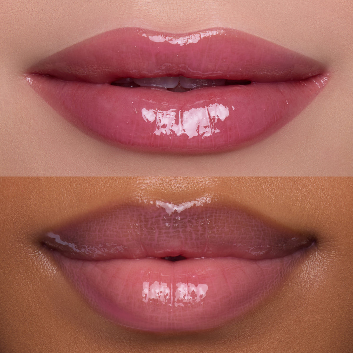 Close-up split-screen of two models wearing Heart to Get Sorry Not Sorry blush + UGL set, showing glossy, sheer pink lips on different skin tones to highlight the product’s natural, high-shine finish.