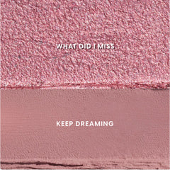 Heart to Get Love At First Swipe Shadow Stix swatches showing two pink shades, a shimmering rose labeled “What Did I Miss” above a matte mauve labeled “Keep Dreaming,” displayed in a close-up textured grid for US makeup shoppers.